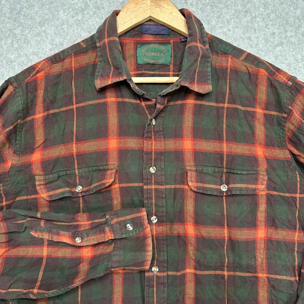 VTG Saddles Kennebec Flannel Plaid‎ Long Sleeve Button Up Shirt Mens XL Cotton